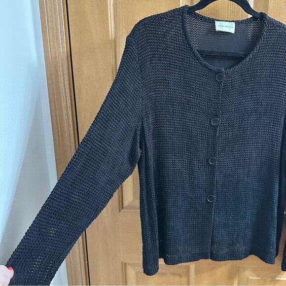 Vtg 90s Black Open Knit Button-up Cardigan Old Money Coastal Grandmother - Large - Picture 5 of 11